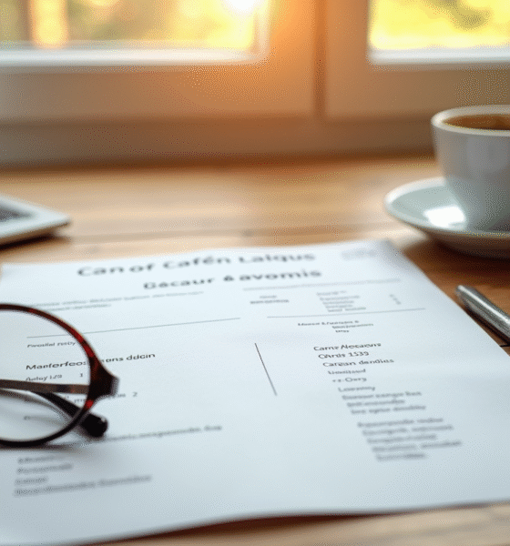 Bulletin de salaire français sur un bureau en bois avec lunettes et café