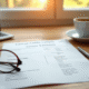 Bulletin de salaire français sur un bureau en bois avec lunettes et café