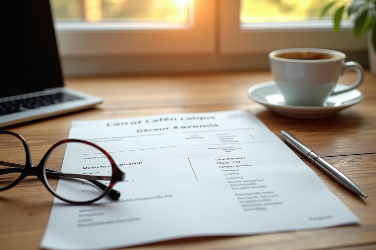 Bulletin de salaire français sur un bureau en bois avec lunettes et café