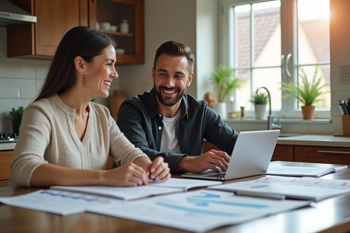 Couple souriant discutant de calculs de prêt immobilier
