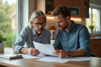 Couple en cuisine moderne examinant des documents ensemble