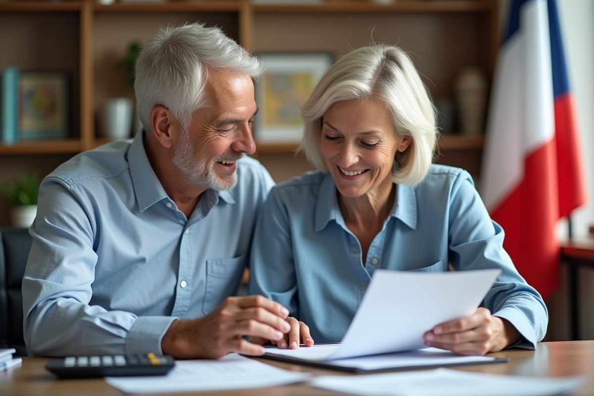 Couple senior souriant discutant avec un conseiller financier