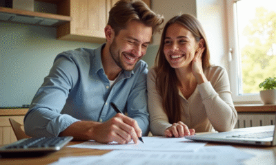 Jeune couple souriant à la cuisine avec documents et ordinateur