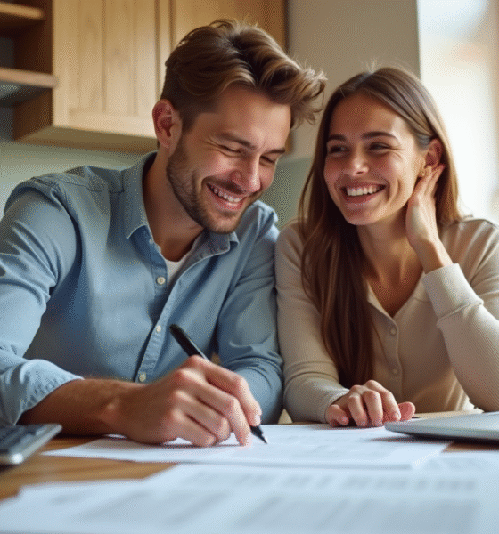 Jeune couple souriant à la cuisine avec documents et ordinateur