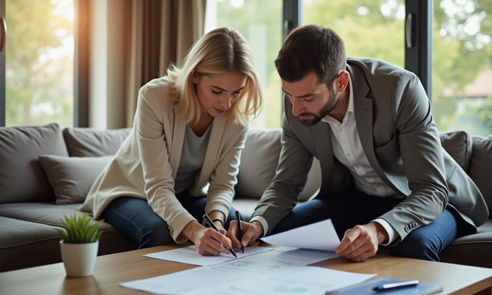 Deux personnes examinent des dégâts d'eau dans un salon lumineux