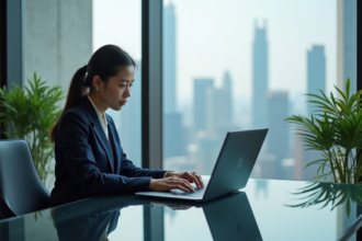 Femme d'affaires chinoise analysant des graphiques Bitcoin dans un bureau moderne