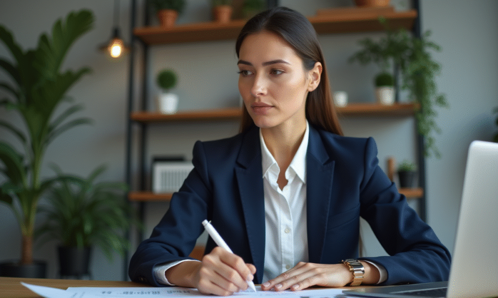 Femme d'affaires en bureau moderne avec ordinateur et graphiques