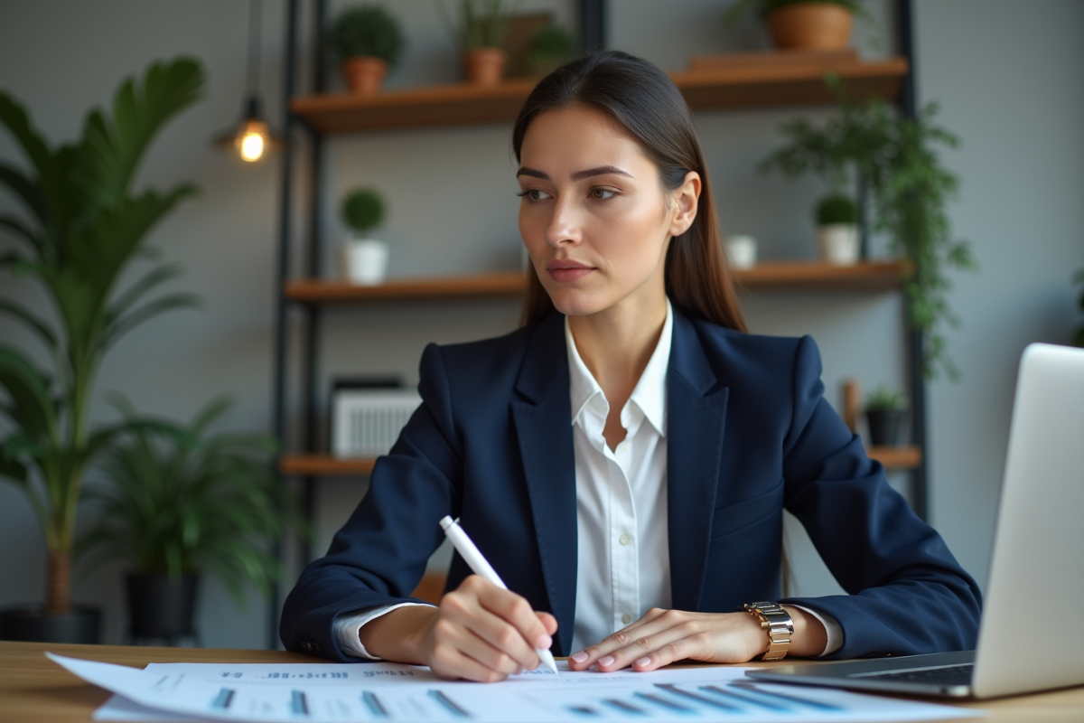 Femme d'affaires en bureau moderne avec ordinateur et graphiques