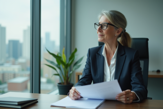 Femme d'affaires en costume avec documents officiels