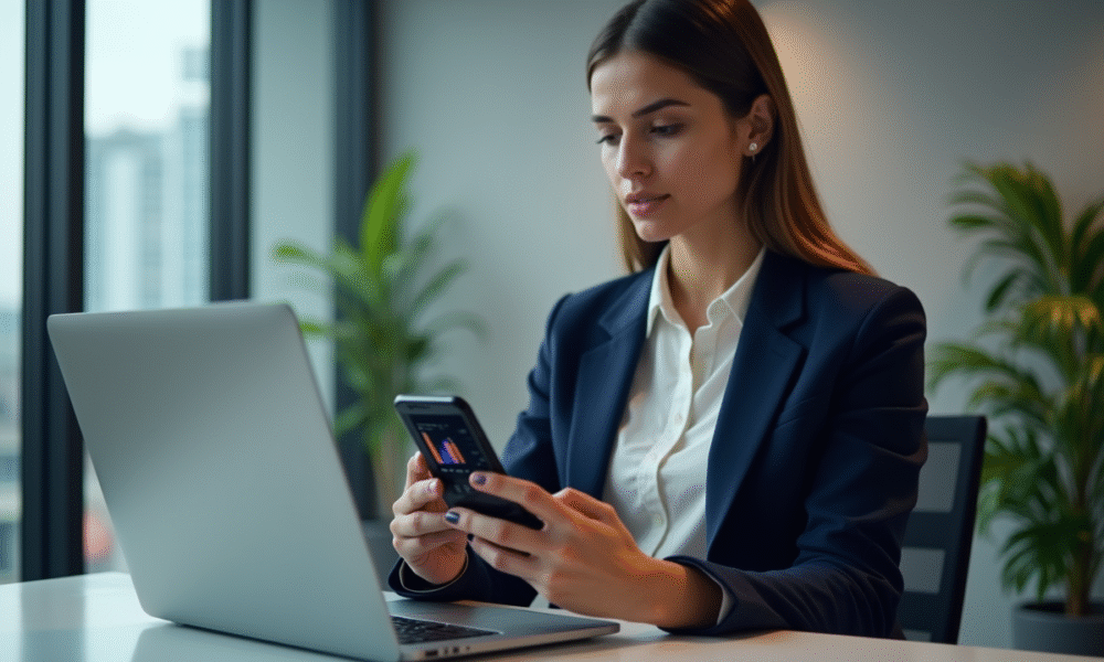 Jeune femme d'affaires avec ordinateur et smartphone