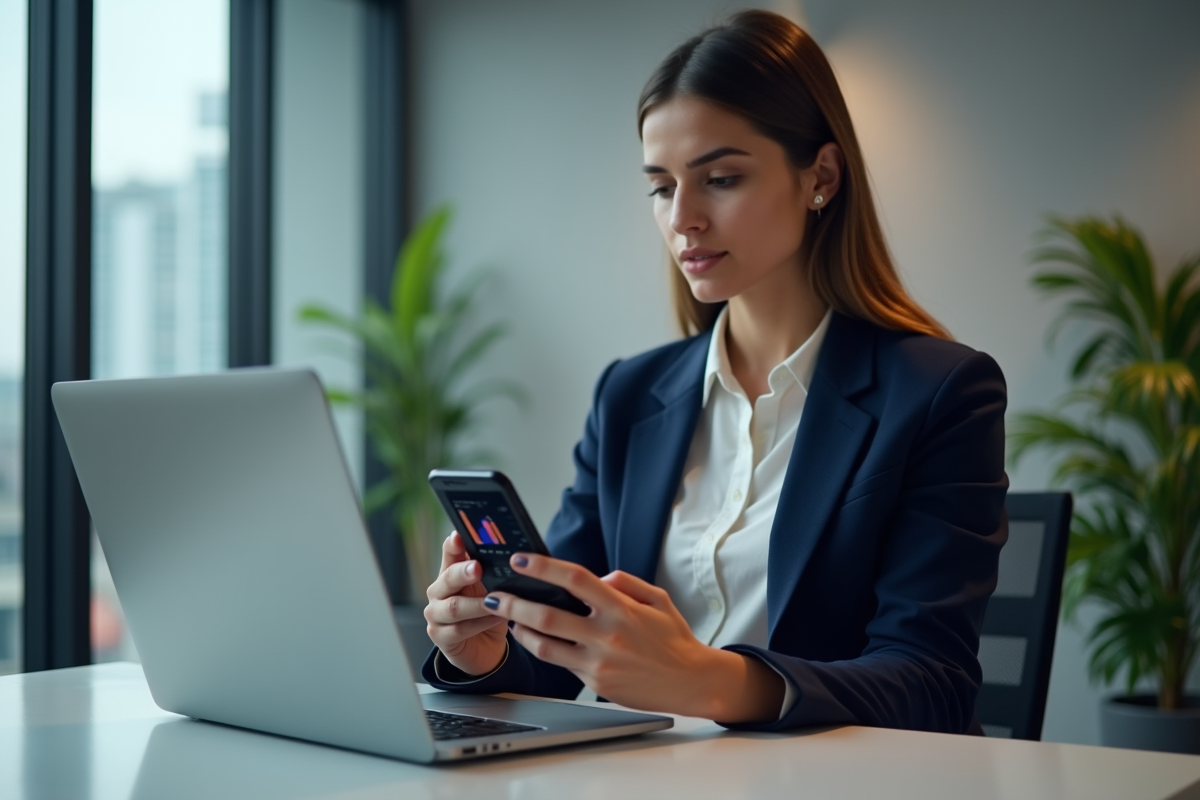 Jeune femme d'affaires avec ordinateur et smartphone