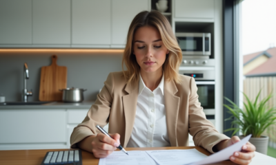 Jeune femme en blazer beige analysant un relevé de pret immobilier