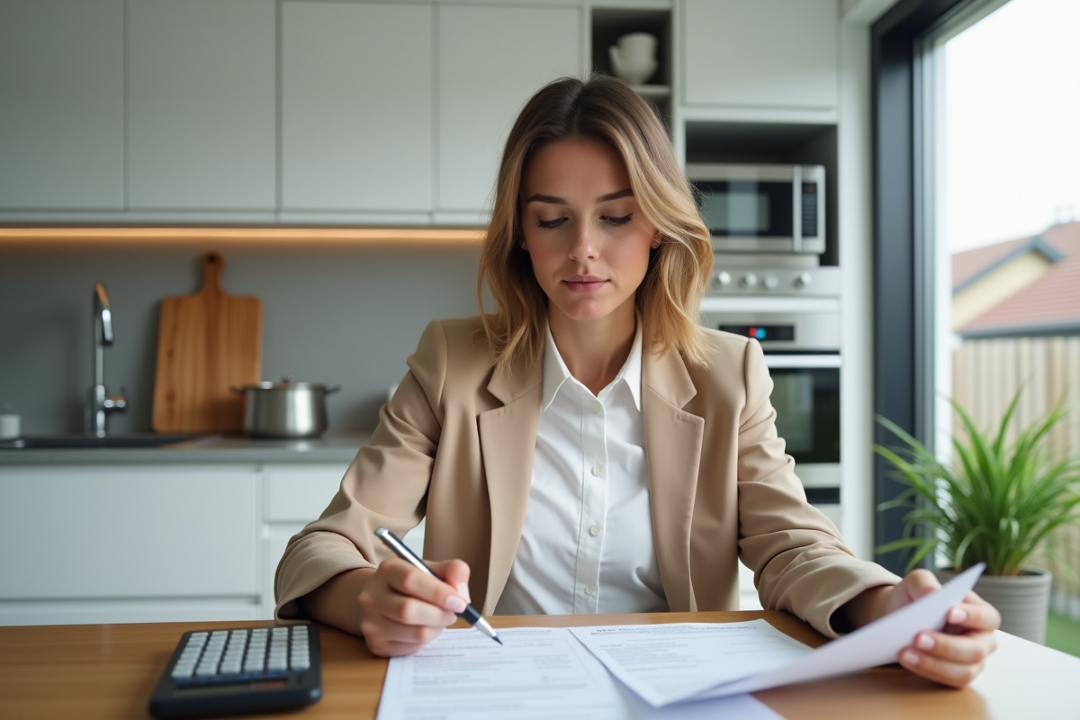 Jeune femme en blazer beige analysant un relevé de pret immobilier