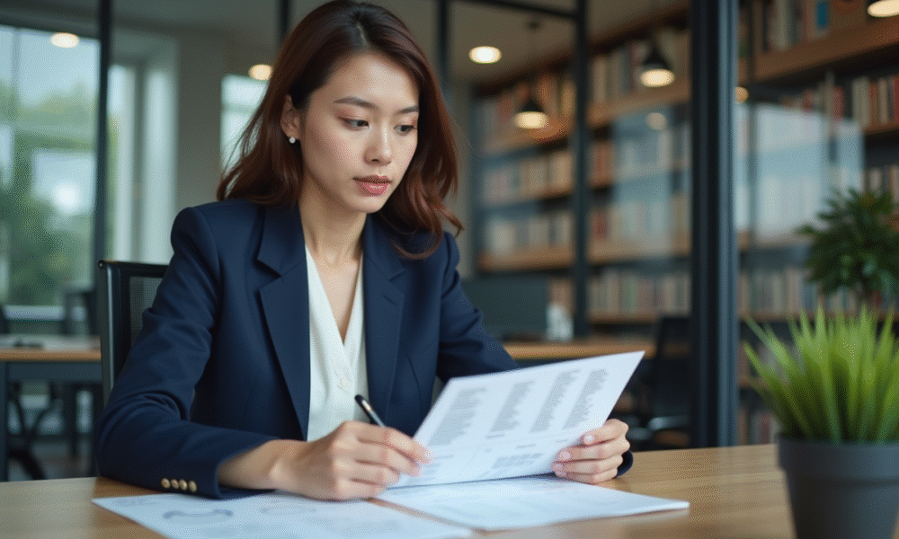 Jeune femme analysant une matrice BCG au bureau