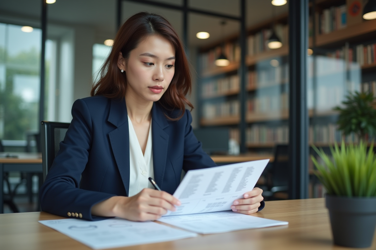 Jeune femme analysant une matrice BCG au bureau