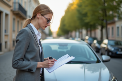 Femme d'âge moyen examine documents d'assurance auto en ville
