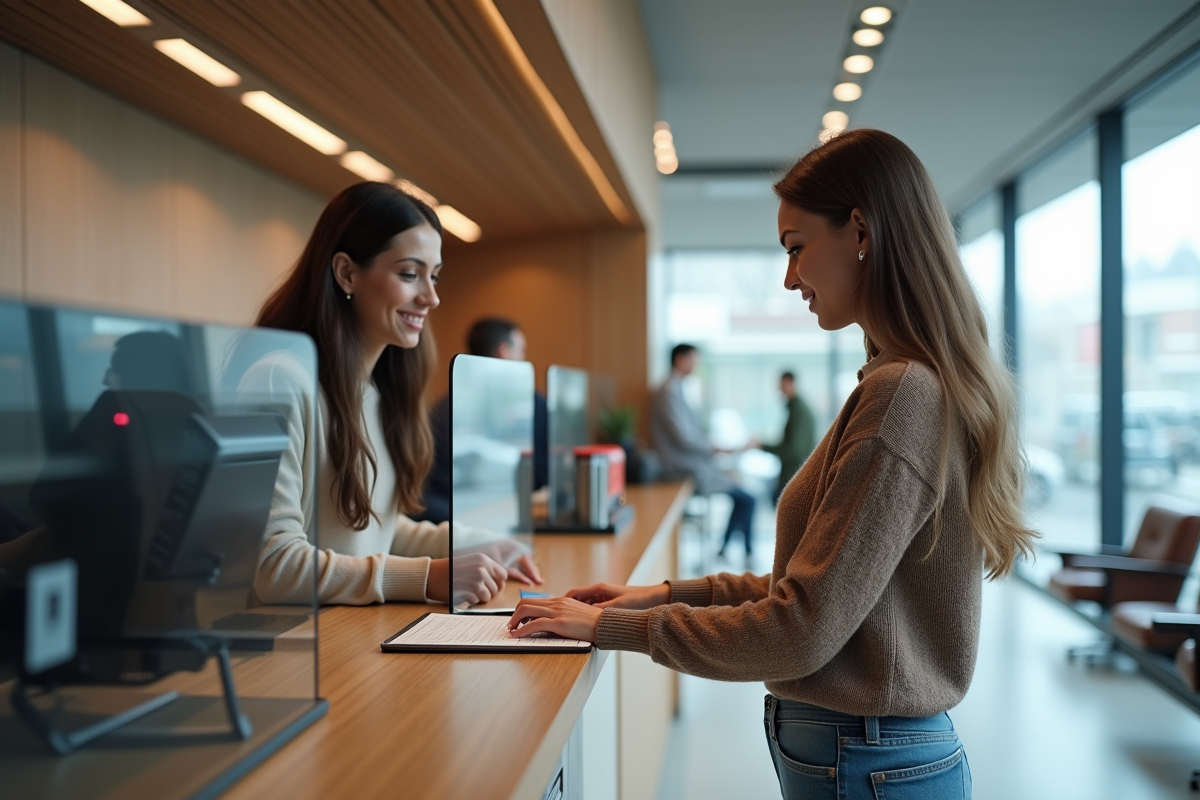 Jeune femme remettant ses papiers à un agent bancaire