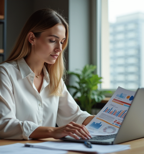 Femme concentrée en bureau avec plan d'affaires sur son ordinateur