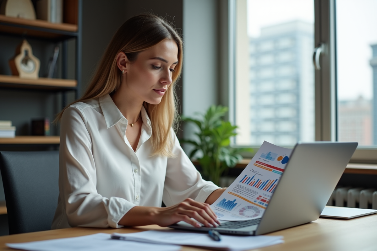 Femme concentrée en bureau avec plan d'affaires sur son ordinateur