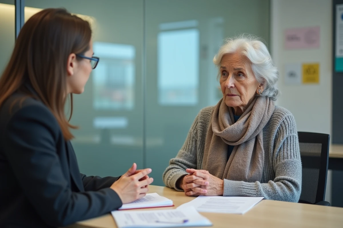 Femme âgée discute avec conseiller dans un bureau moderne