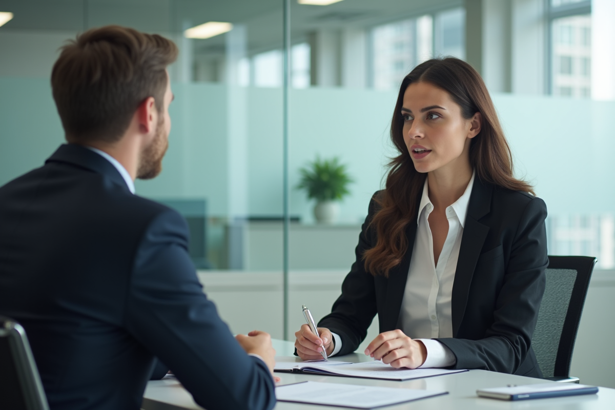 Jeune femme discutant avec un agent d