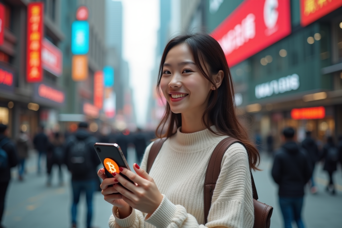 Jeune femme chinoise avec smartphone bitcoin en ville