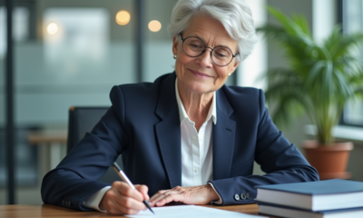 Femme d'environ soixante ans rédigeant une lettre de démission