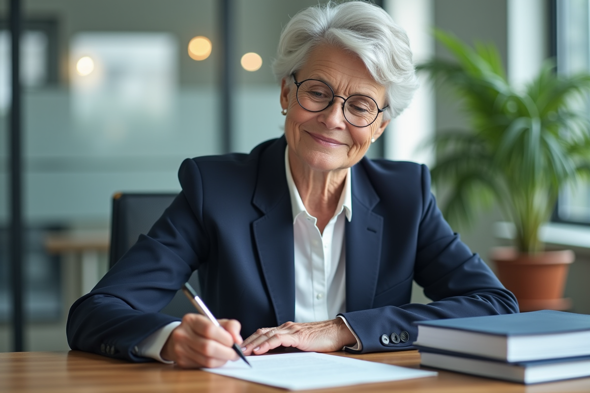 Femme d'environ soixante ans rédigeant une lettre de démission