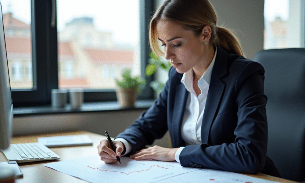Jeune femme dessinant une ligne de tendance sur un graphique financier