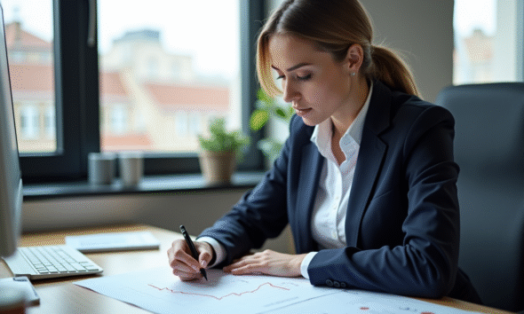 Jeune femme dessinant une ligne de tendance sur un graphique financier