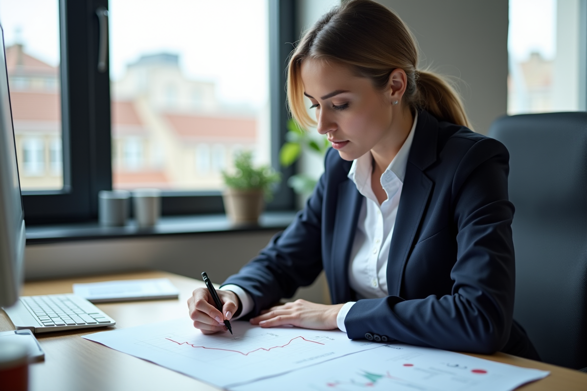 Jeune femme dessinant une ligne de tendance sur un graphique financier
