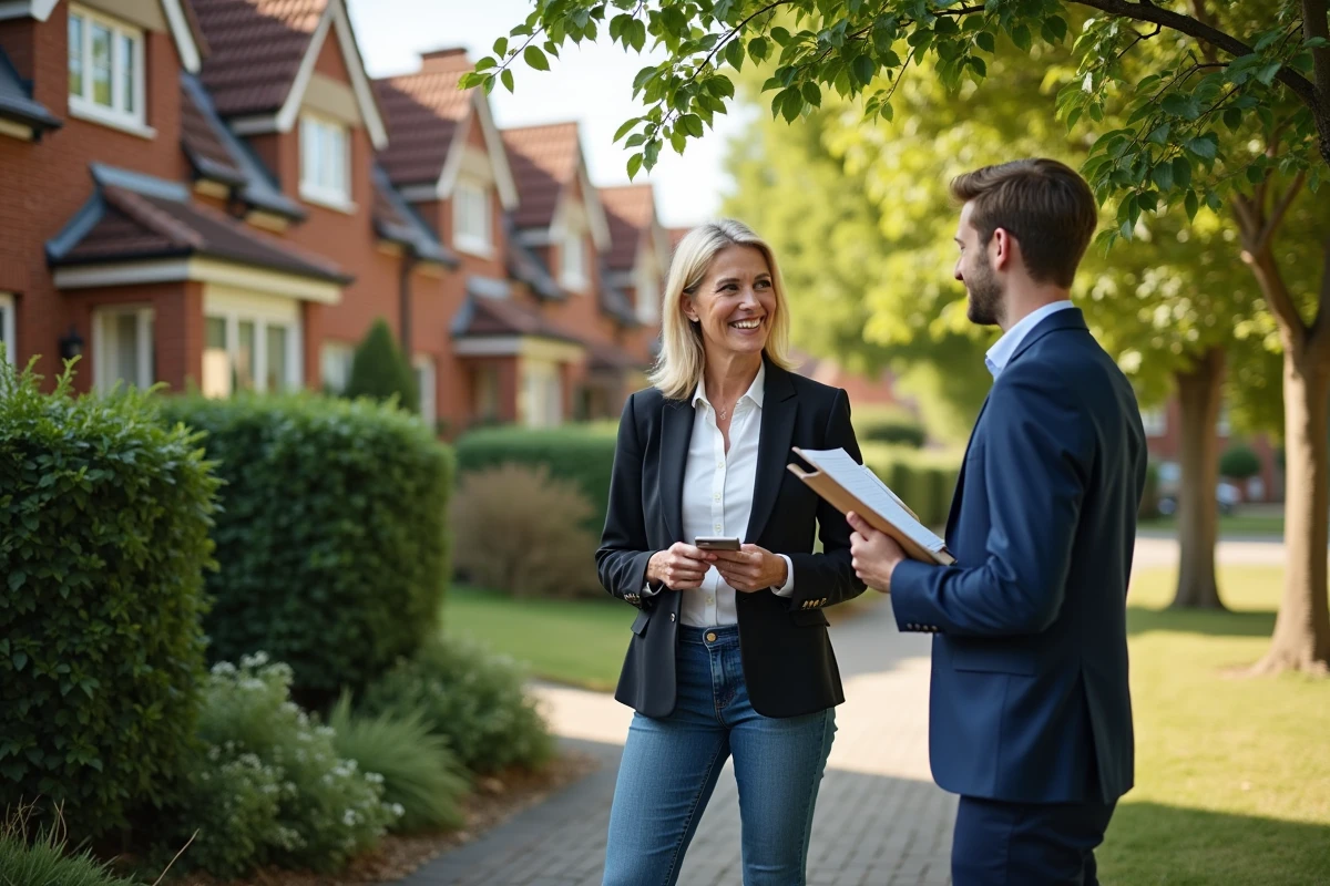 Femme discutant avec agent immobilier devant maison charmante