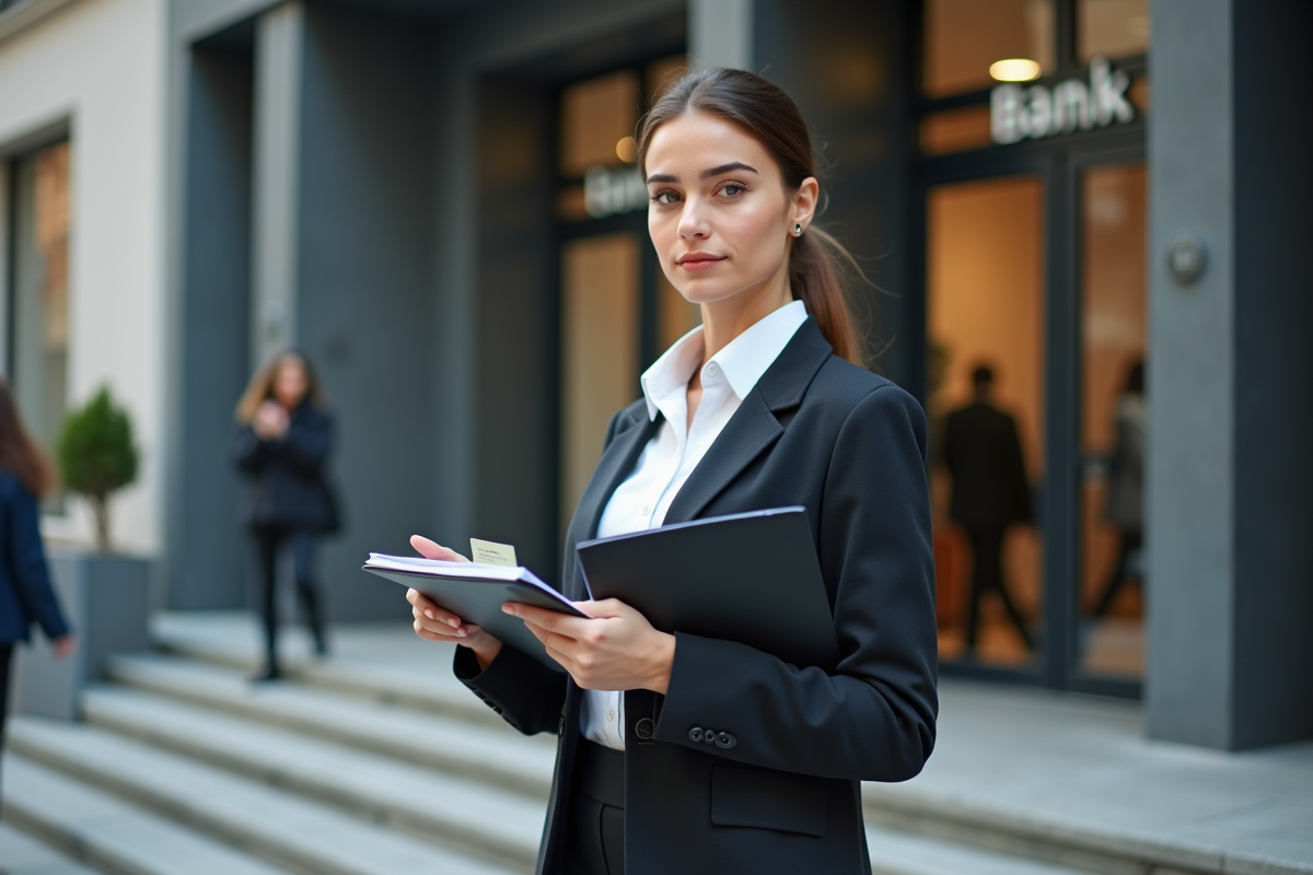 Jeune femme déterminée devant une agence bancaire moderne
