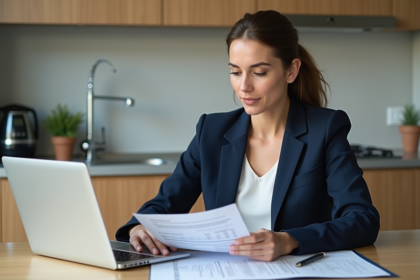 Femme professionnelle en cuisine analysant des documents financiers