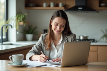 Femme d affaires calme gérant ses finances à la maison