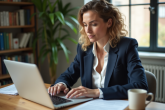 Femme professionnelle concentrée sur un site de prêt immobilier