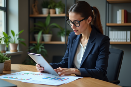 Femme professionnelle compare graphiques d'investissement