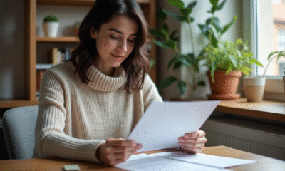 Femme d'une trentaine d'années examinant des documents de prêt