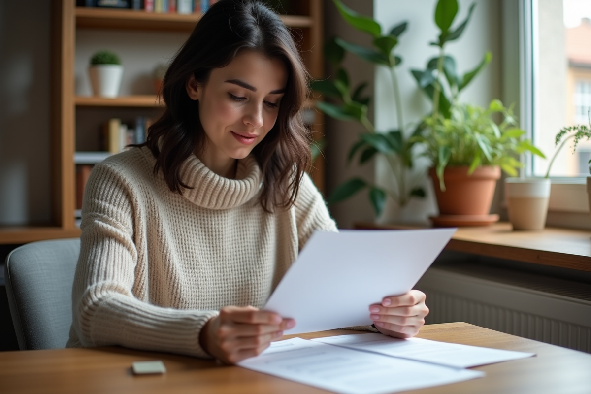Femme d'une trentaine d'années examinant des documents de prêt
