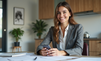 Femme souriante avec smartphone dans une cuisine moderne