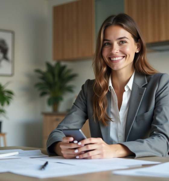 Femme souriante avec smartphone dans une cuisine moderne