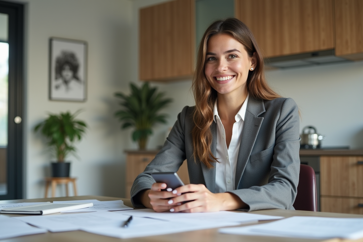 Femme souriante avec smartphone dans une cuisine moderne