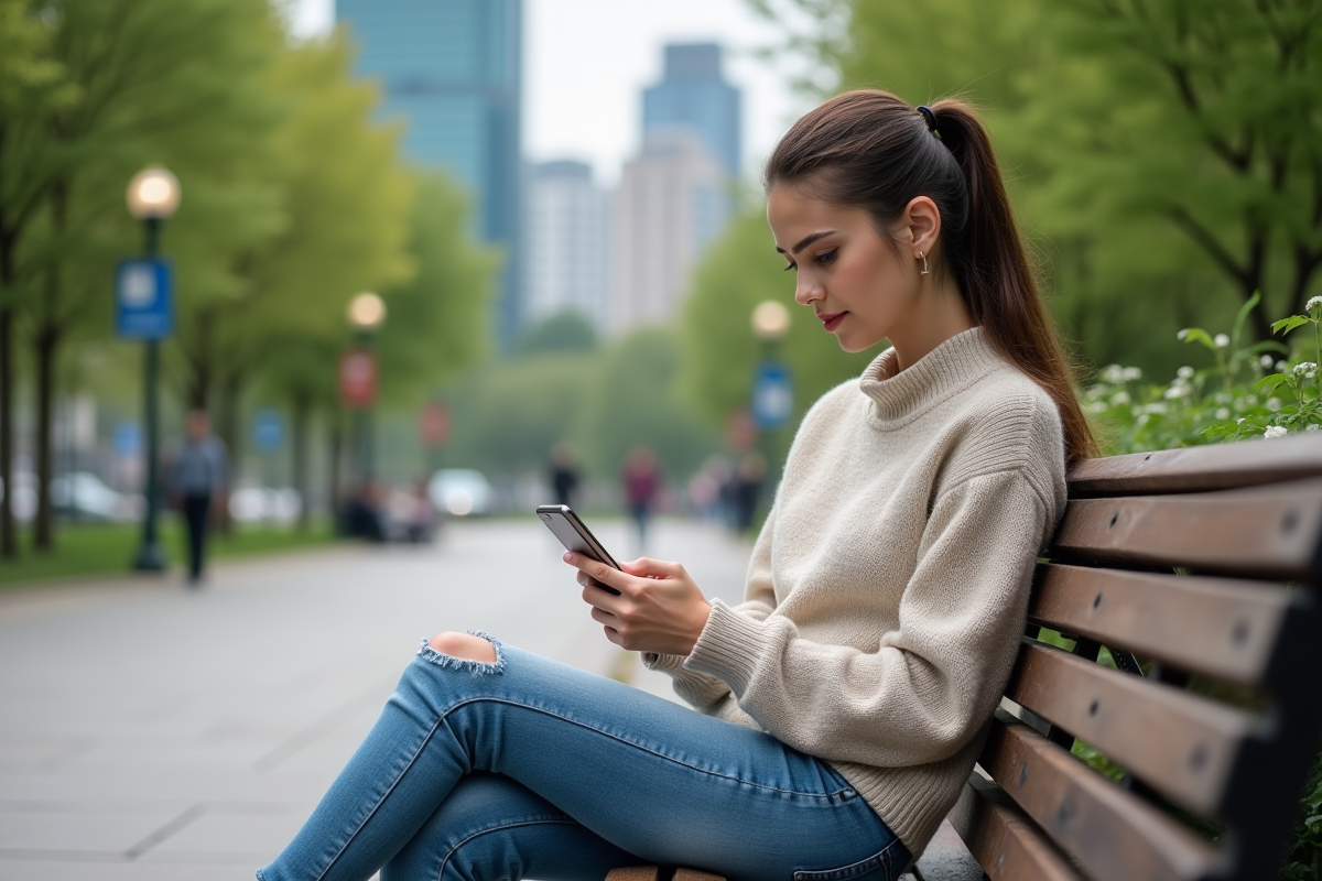 Jeune femme utilise son smartphone dans un parc urbain