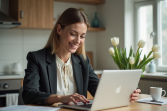 Femme souriante remplissant un formulaire de pret en ligne