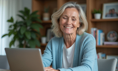 Femme souriante en cardigan bleu ferme son ordinateur à la maison