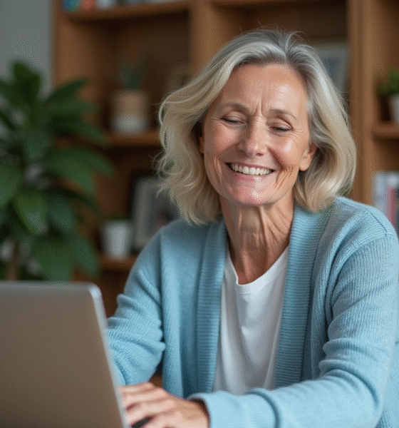 Femme souriante en cardigan bleu ferme son ordinateur à la maison