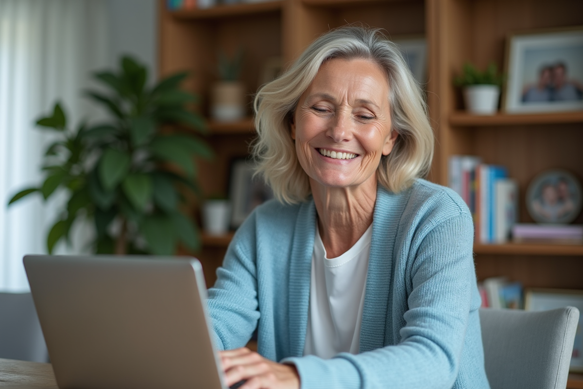 Femme souriante en cardigan bleu ferme son ordinateur à la maison