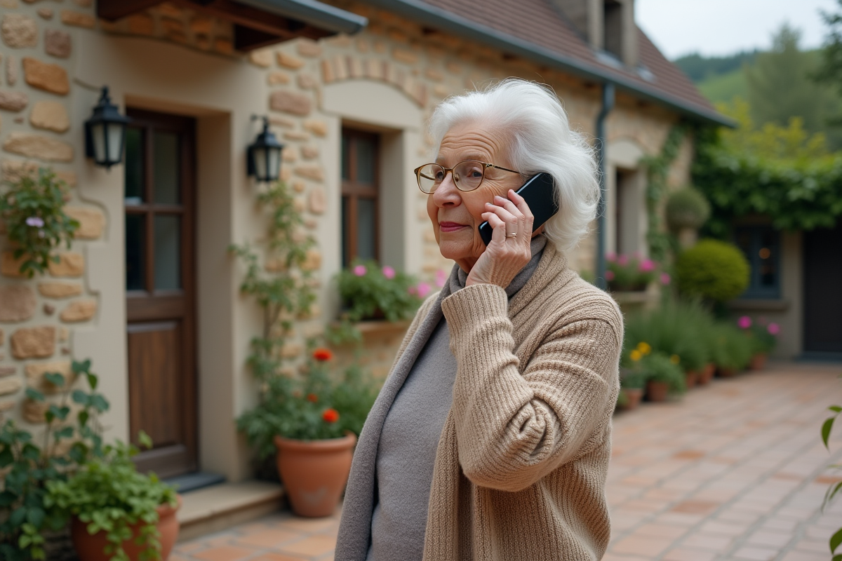 Femme âgée parlant au téléphone dans le jardin rural