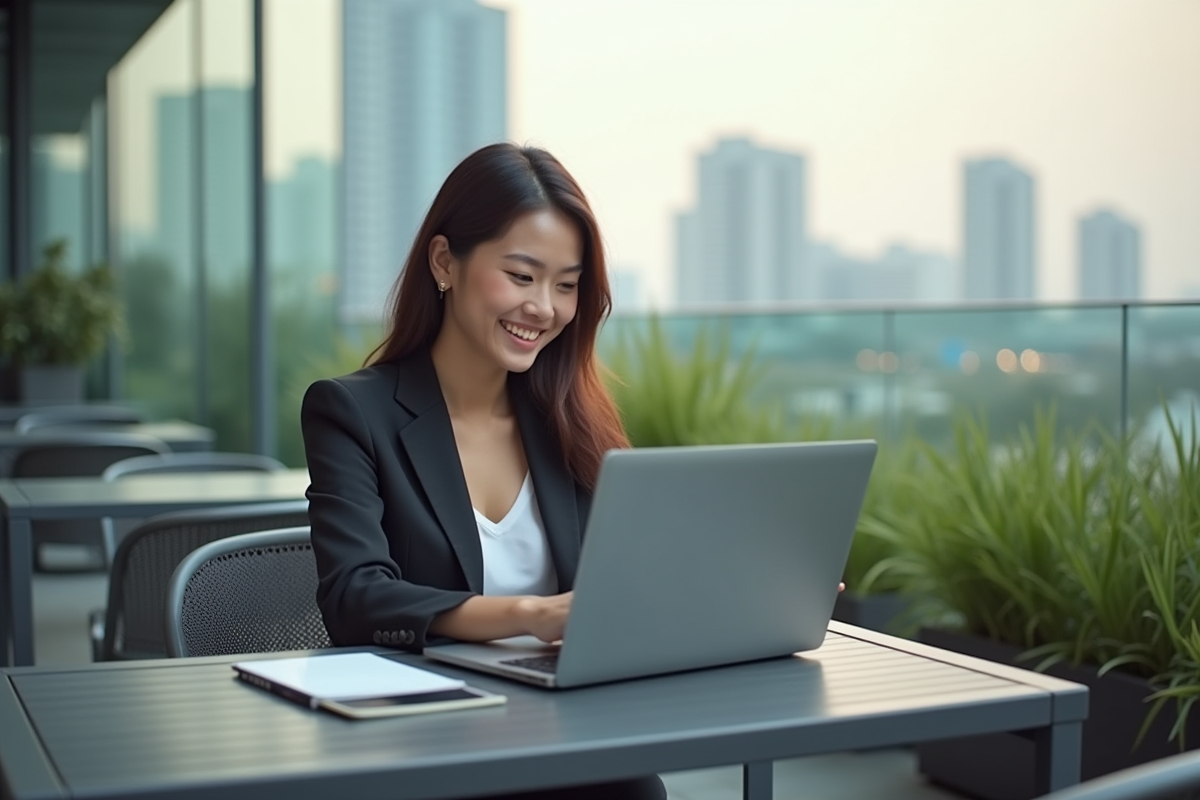 Jeune femme souriante sur terrasse avec ordinateur portable