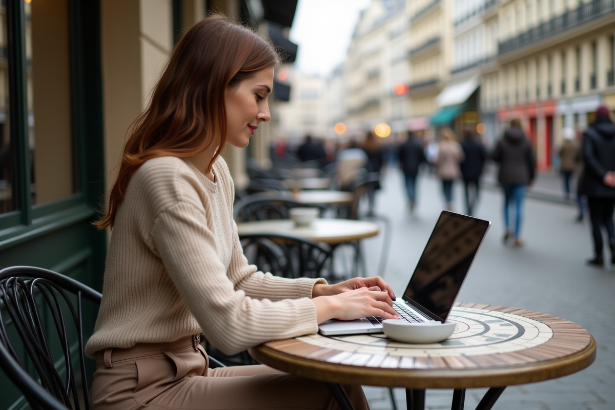 Jeune femme professionnelle travaillant sur son ordinateur dans un café parisien